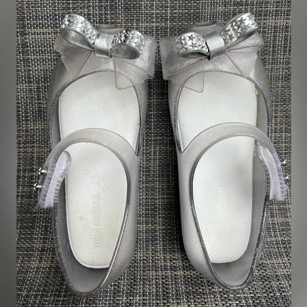 Mini Melissa Ultragirl Bow Mary Jane flats Clear glitter/Silver Dress Shoes sz 9